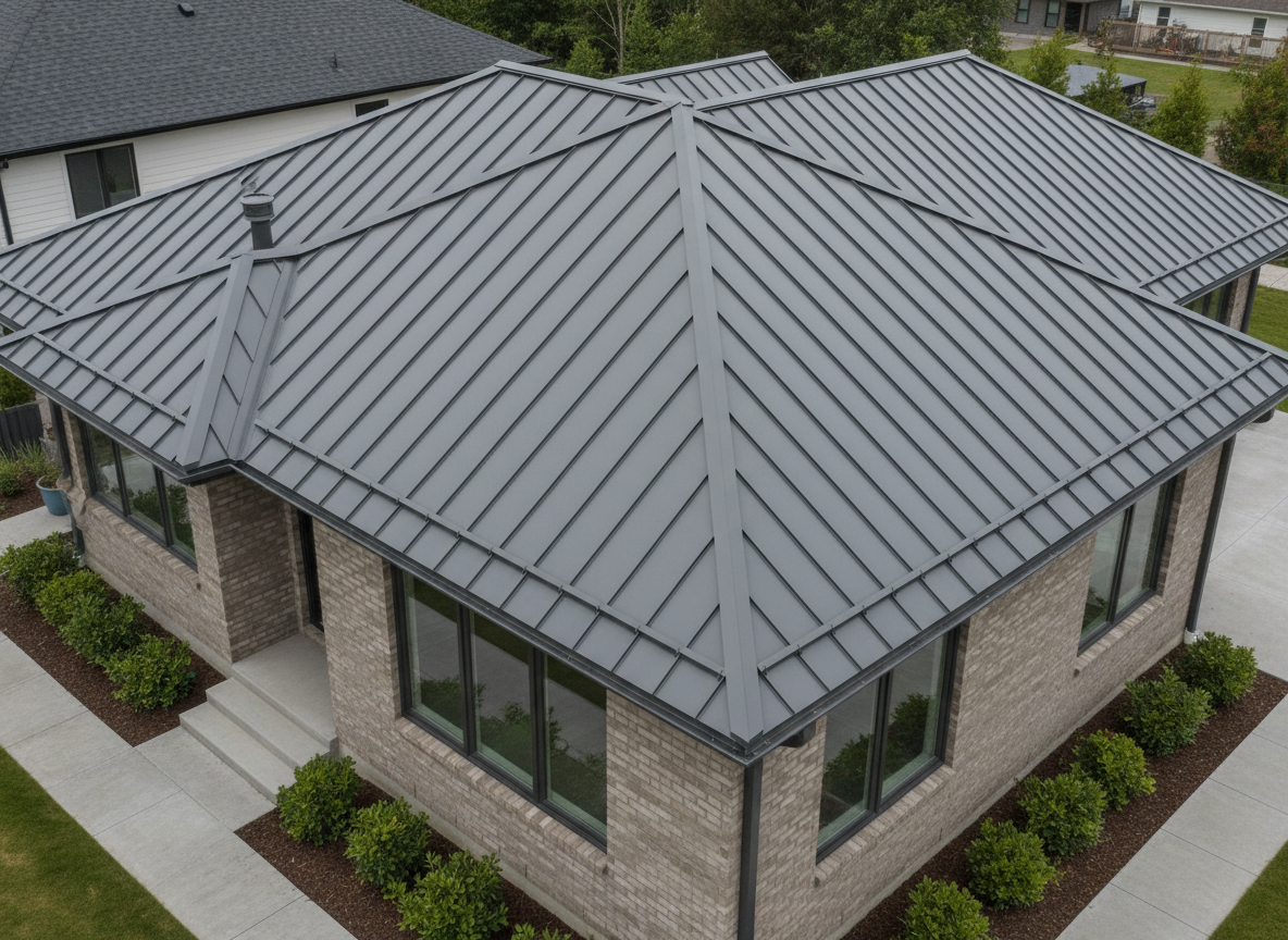 A meticulously installed standing seam metal roof in a muted charcoal gray finish, each panel crisply defined and joined by clean seams, showcasing a subtle reflective texture and sharp, modern lines. The roof sits atop a contemporary home with neutral-toned brick siding. The scene is set during overcast daylight, resulting in even, soft lighting that minimizes harsh shadows and highlights the precise craftsmanship. The camera captures the roof from an elevated, three-quarter angle, emphasizing the geometry and symmetry. The mood is calm, professional, and reliable, with a structured, photographic realism that aligns with a premium, corporate aesthetic—perfect for a family-owned roofing company’s homepage.