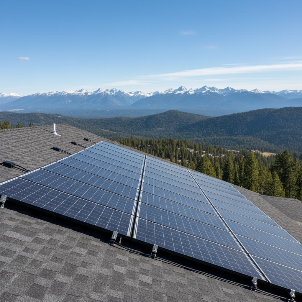 A detailed image of a shingle roof fitted with solar panels, with scenic mountains in the background. High quality, professional, sunny day.